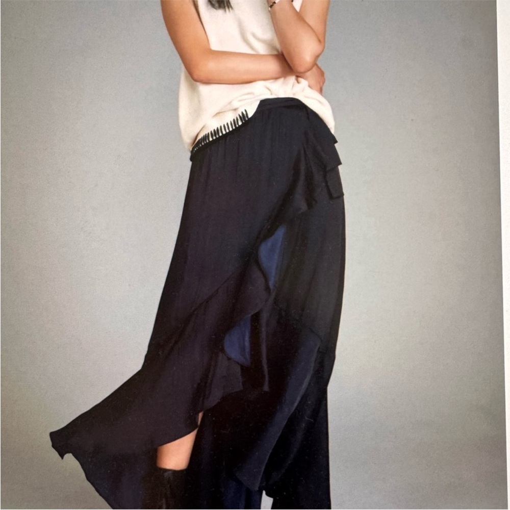 Maeve by Anthropologie Black Asymmetrical Wrap Maxi Skirt with Ruffles